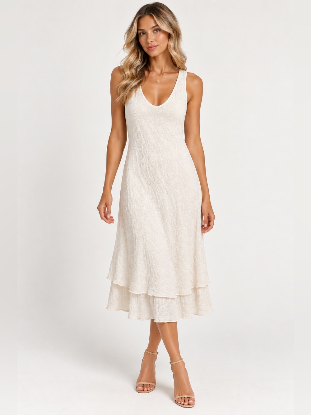 Made in Italy White Tiered Midi Dress 100% Viscose | NWT